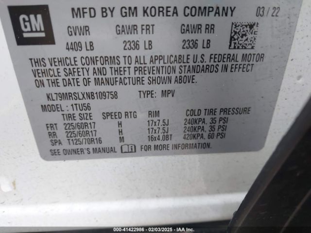 KL79MRSLXNB109758 Chevrolet Trailblazer Awd Lt