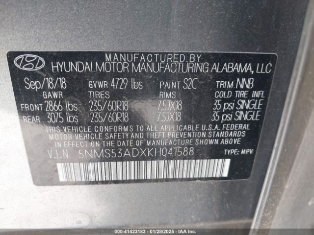 5NMS53ADXKH041588 Hyundai Santa Fe Limited