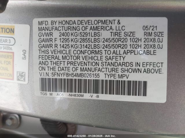 5FNYF8H54MB026155 Honda Passport Awd Ex-l