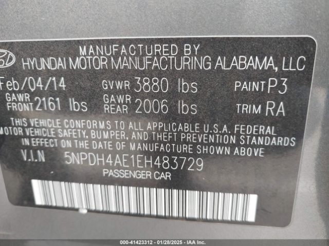 5NPDH4AE1EH483729 Hyundai ELANTRA SE