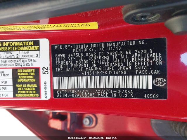 4T1B11HK5KU216189 Toyota CAMRY SE