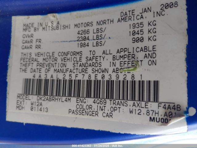 2008 MITSUBISHI ECLIPSE SPYDER 4A3AL25F78E039281 Photo 8