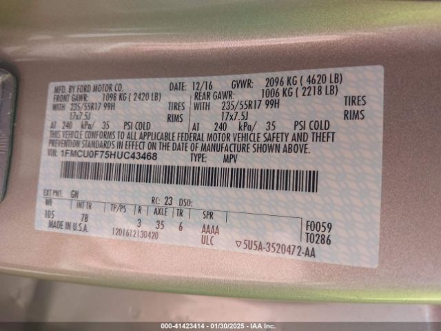 1FMCU0F75HUC43468 Ford ESCAPE S