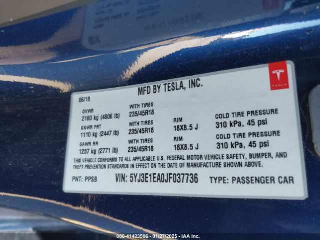 5YJ3E1EA0JF037736 Tesla Model 3 Long Range/mid Range
