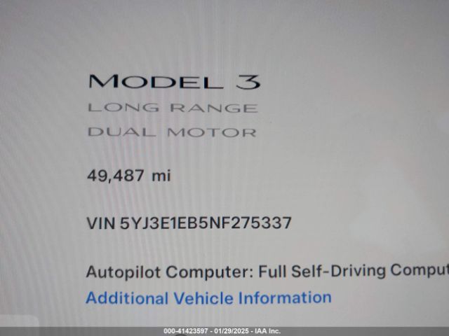 5YJ3E1EB5NF275337 Tesla Model 3 Long Range Dual Motor All-wheel Drive