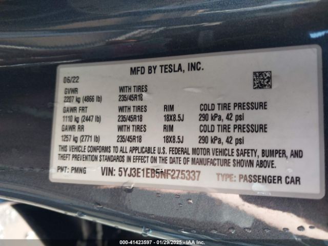 5YJ3E1EB5NF275337 Tesla Model 3 Long Range Dual Motor All-wheel Drive