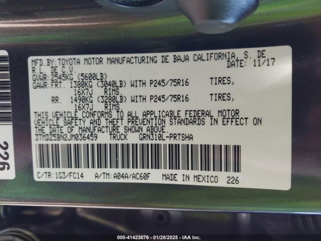 3TMDZ5BN2JM036459 Toyota Tacoma Sr5 V6