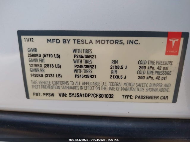 2012 TESLA MODEL S 5YJSA1DP7CFS01032 Photo 8