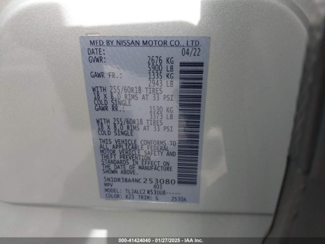 5N1DR3BA4NC253080 Nissan Pathfinder Sv 2wd