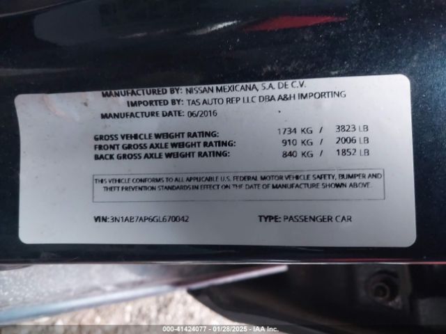 3N1AB7AP6GL670042 Nissan Sentra Fe+ S/s/sl/sr/sv