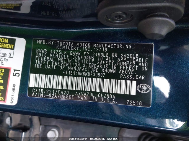 4T1B11HK6KU730987 Toyota CAMRY LE