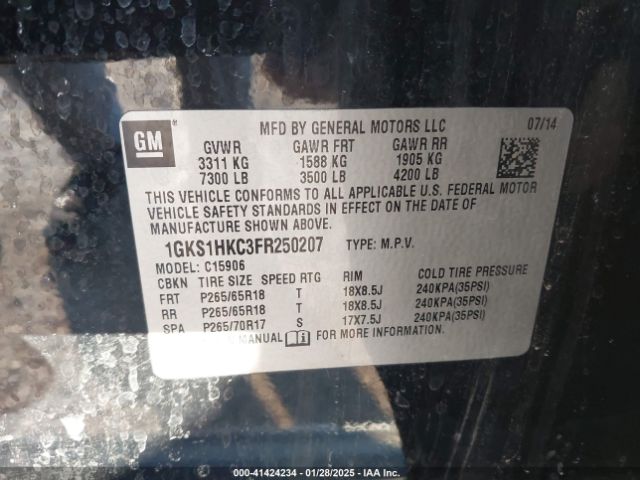 1GKS1HKC3FR250207 GMC Yukon Xl 1500 Slt