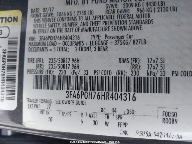 Ford FUSION SE 2017 3FA6P0H76HR404316 Image 9