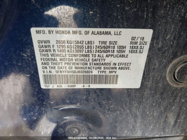 5FNYF6H50JB026024 Honda Pilot Ex-l