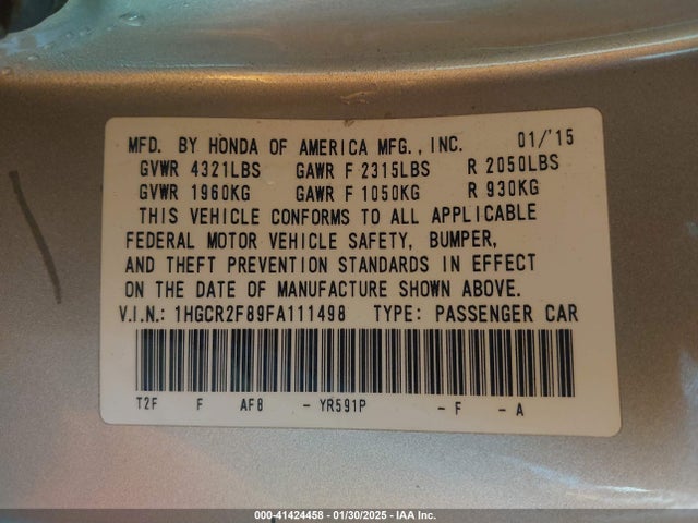 Honda Accord Ex-l 2015 1HGCR2F89FA111498 Image 9