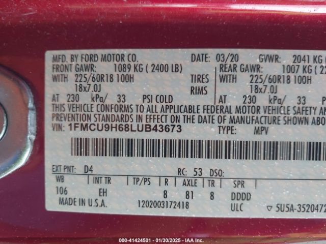 1FMCU9H68LUB43673 Ford ESCAPE SEL