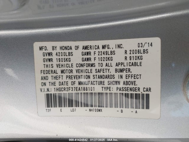 Honda ACCORD LX 2014 1HGCR2F37EA188101 Image 9