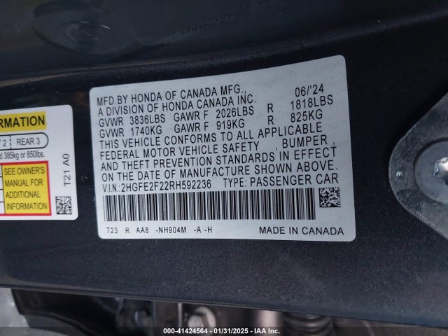 Honda Civic Lx 2024 2HGFE2F22RH592236 Image 9