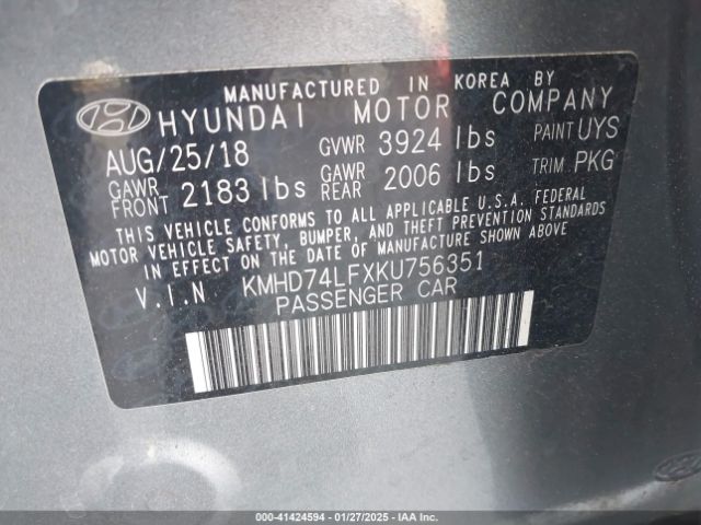 KMHD74LFXKU756351 Hyundai ELANTRA SE