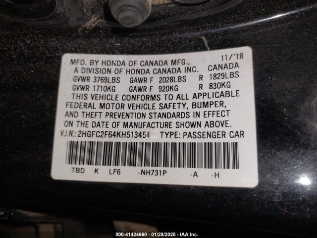 Honda Civic Lx 2019 2HGFC2F64KH513454 Image 9