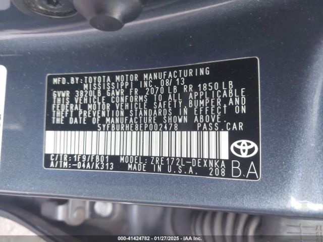 5YFBURHE8EP002478 Toyota Corolla L/le/le Pls/prm/s/s Pls