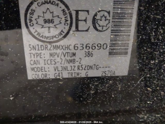 5N1DR2MMXHC636690 Nissan Pathfinder Platinum/s/sl/sv