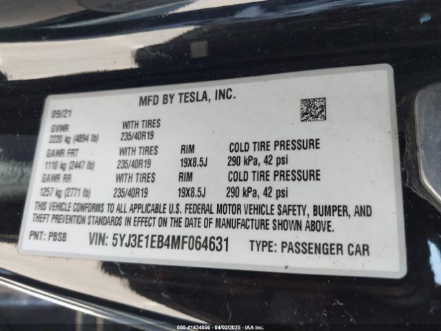 5YJ3E1EB4MF064631 Tesla Model 3 Long Range Dual Motor All-wheel Drive