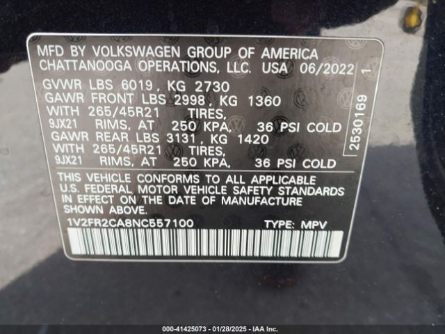 1V2FR2CA8NC557100 Volkswagen Atlas 3.6l V6 Sel Premium R-line