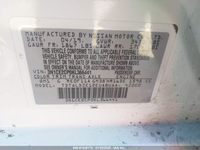 3N1CE2CP0KL366441 Nissan Versa Note Sv