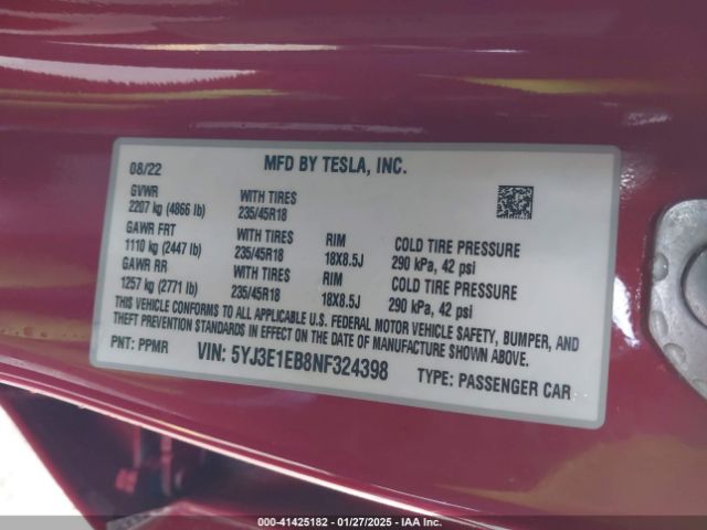 5YJ3E1EB8NF324398 Tesla Model 3 Long Range Dual Motor All-wheel Drive