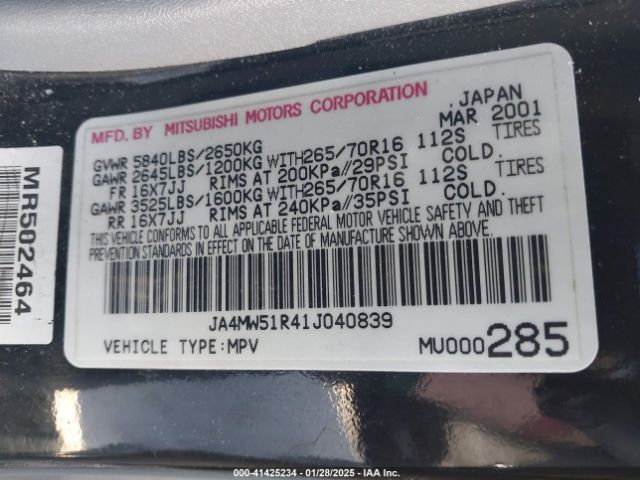 2001 MITSUBISHI MONTERO JA4MW51R41J040839 Photo 8