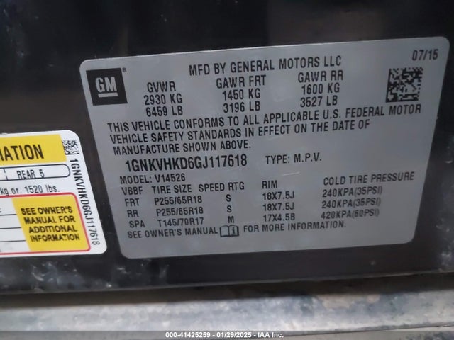 1GNKVHKD6GJ117618 Chevrolet Traverse 2lt
