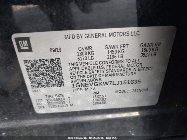 1GNEVGKW7LJ151635 Chevrolet Traverse Awd Lt Cloth