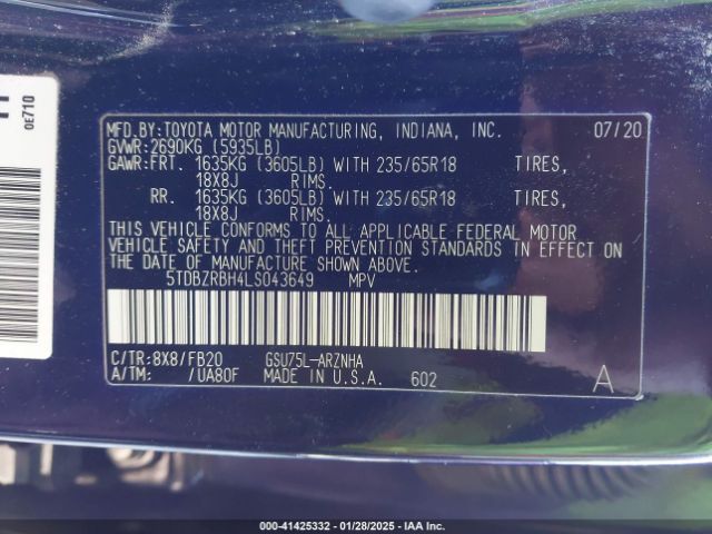 5TDBZRBH4LS043649 Toyota Highlander Le