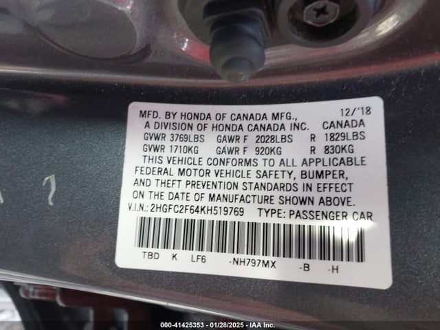 Honda Civic Lx 2019 2HGFC2F64KH519769 Image 9