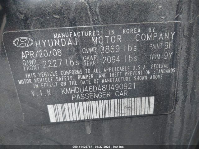 2008 HYUNDAI ELANTRA KMHDU46D48U490921 Photo 8
