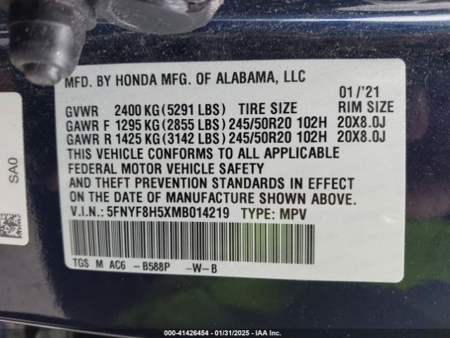 5FNYF8H5XMB014219 Honda Passport Awd Ex-l