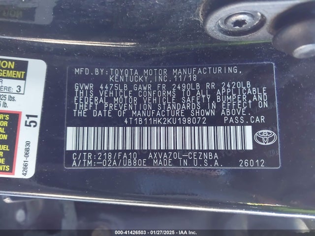 Toyota CAMRY LE 2019 4T1B11HK2KU198072 Image 9