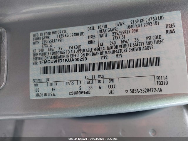 Ford ESCAPE SEL 2019 1FMCU9HD1KUA00299 Image 9