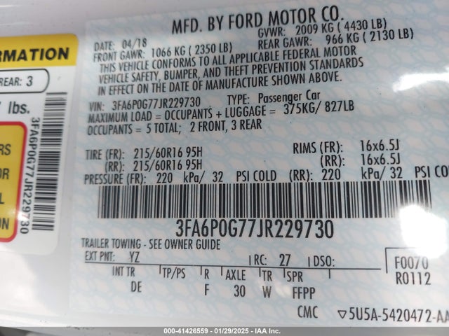 3FA6P0G77JR229730 Ford FUSION S
