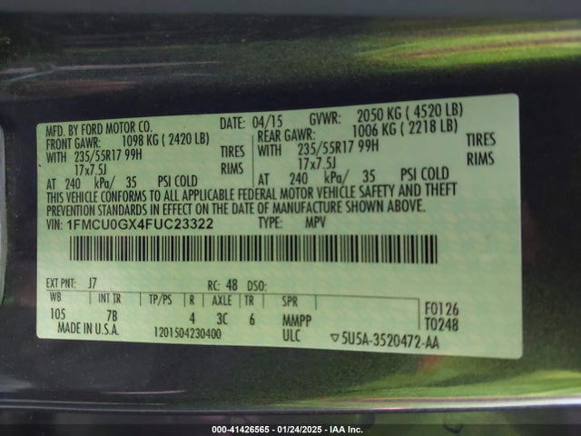 Ford ESCAPE SE 2015 1FMCU0GX4FUC23322 Image 9