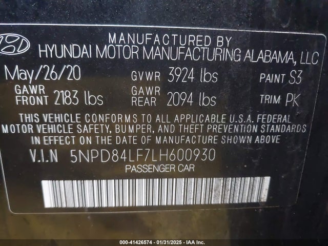 5NPD84LF7LH600930 Hyundai ELANTRA SEL