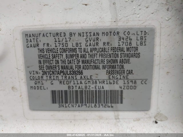 3N1CN7AP9JL839266 Nissan Versa 1.6 Sv