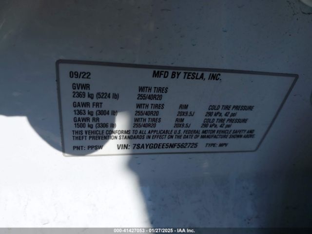 7SAYGDEE5NF562725 Tesla Model Y Long Range Dual Motor All-wheel Drive