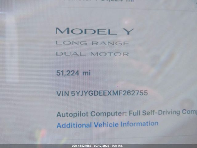5YJYGDEEXMF262755 Tesla Model Y Long Range Dual Motor All-wheel Drive