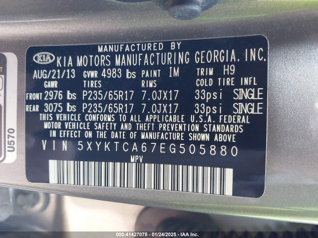 KIA SORENTO LX 2014 5XYKTCA67EG505880 Image 9