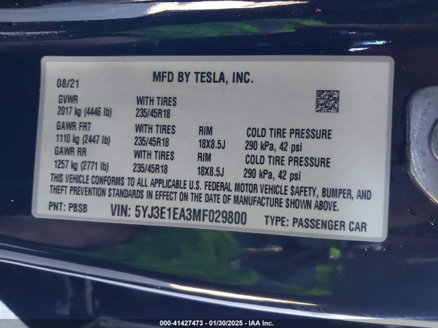 2021 TESLA MODEL 3 5YJ3E1EA3MF029800 Photo 8