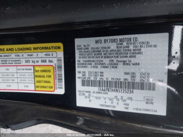1FA6P8TH4N5125234 Ford Mustang Ecoboost Fastback