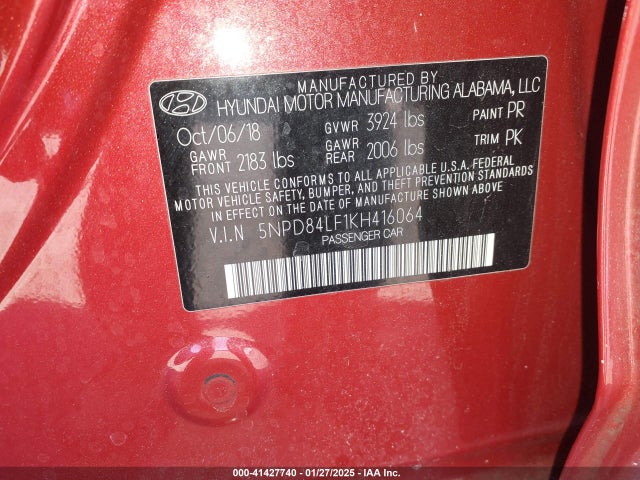 Hyundai Elantra Limited 2019 5NPD84LF1KH416064 Image 9