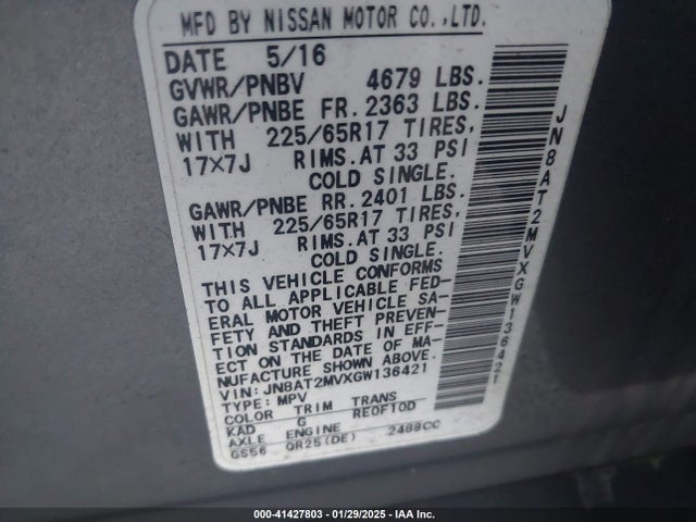 JN8AT2MVXGW136421 Nissan ROGUE S